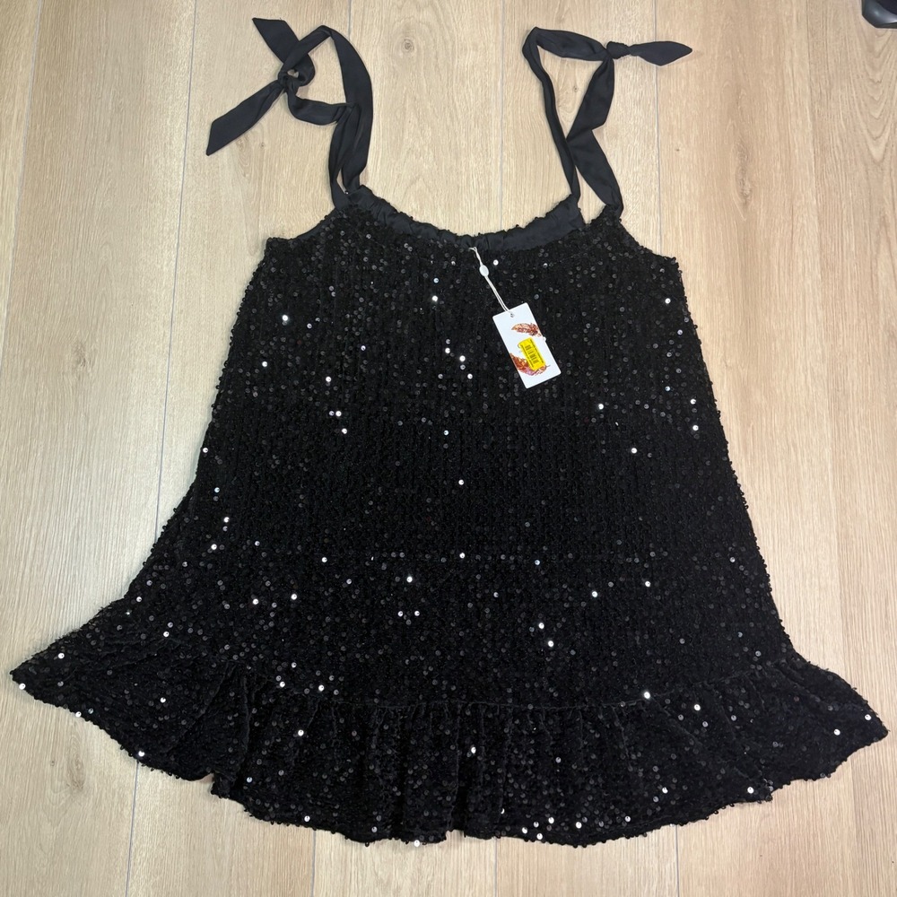 Chelsea & Violet Black Sequin‎ Mini Dress Tie Strap Ruffle Hem XS V3330EIN NWT